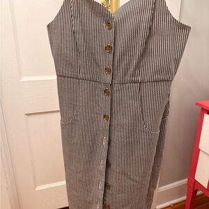 Sleeveless Vertical Stripe Button-Front Midi Dress - Black & White